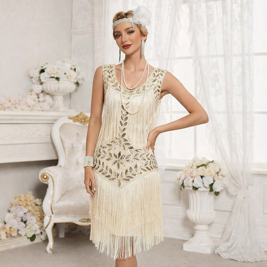 Beaded Art Deco Floral Flapper Dress