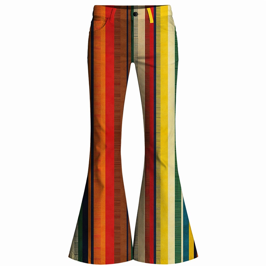 Retro 70s Rainbow Stripes High Waist Wide Flared Trousers
