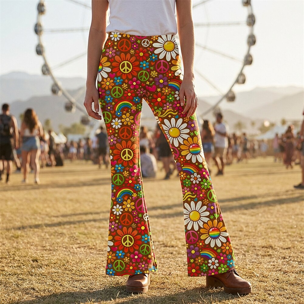 Retro 70s Peace Sign Floral Rainbow High Waist Wide Flared Trousers