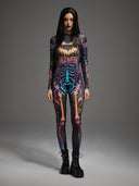 Leotard da donna di Halloween con scheletro e zucca di Halloween neon