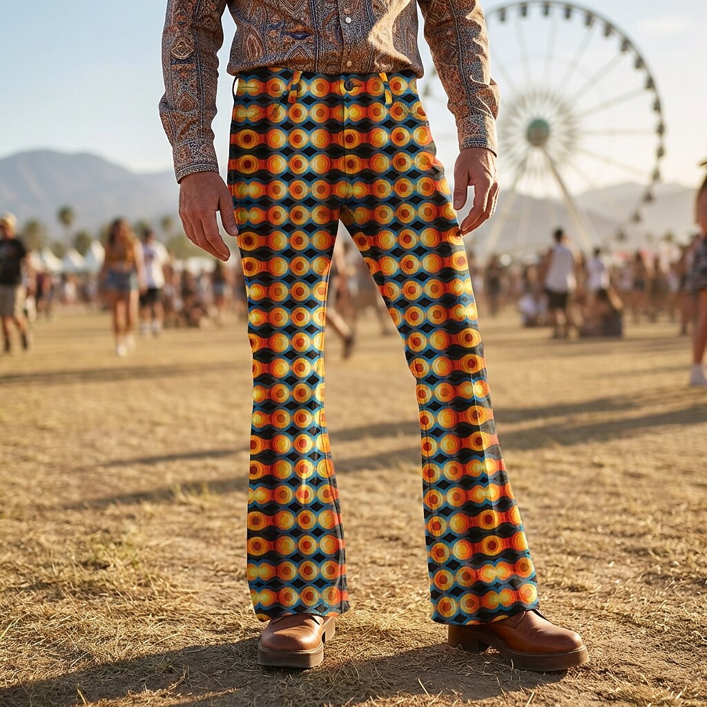 Retro 70s Psychedelic Circle Print High Waist Wide Flared Trousers