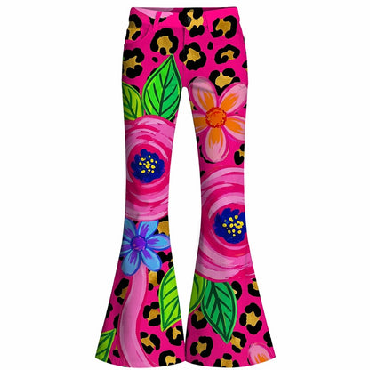 Retro 70s Floral Leopard Print High Waist Wide Flared Trousers in Pink