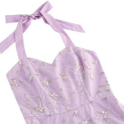 Floral Embroidered Halter Midi Dress