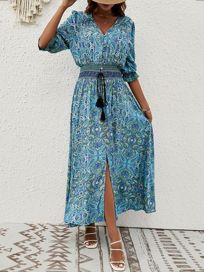 Retro 70s Bohemian Paisley V-neck Smocked Waist Midi Dress
