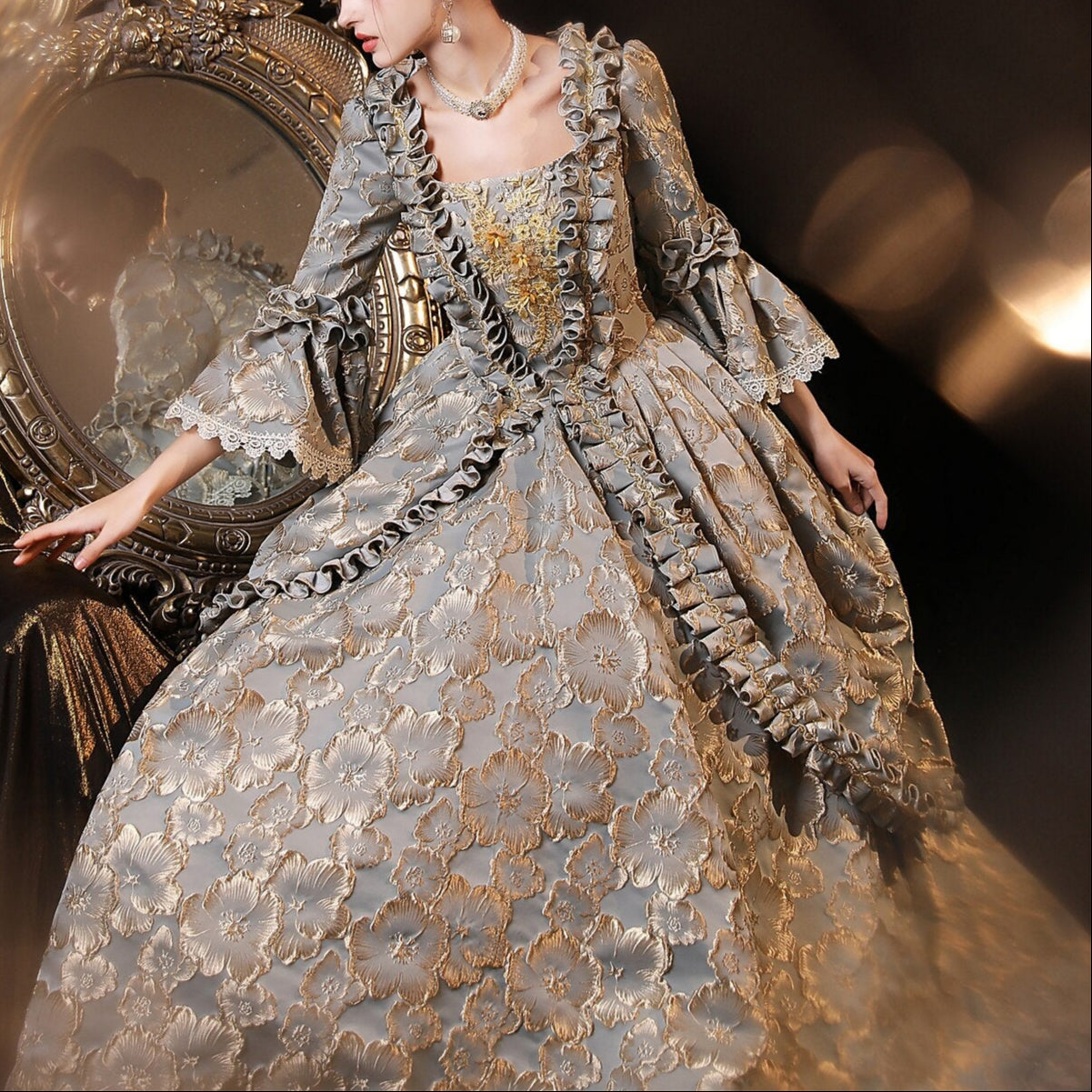 Rococo Floral Brocade Style Gown Robe à la Française - Retrorobe