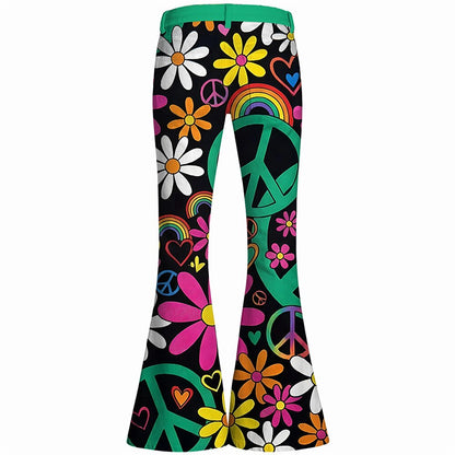 Retro 70s Peace Sign Floral Hearts Rainbow High Waist Wide Flared Trousers