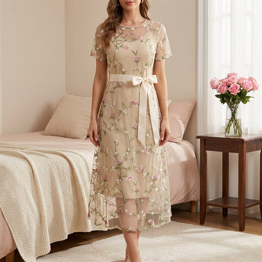 Floral Embroidered Mesh Midi Dress