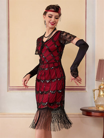 Red Sequin Pattern Flapper Dress