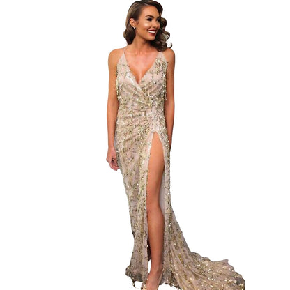 Spaghetti Strap Split Front Beaded Mesh Gown