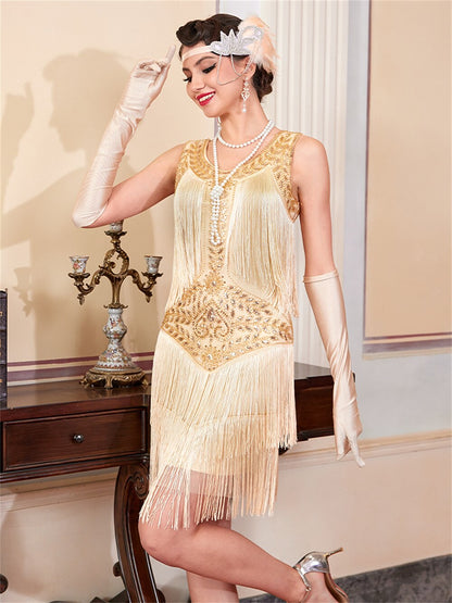 Gold Beaded Flapper Dress with Elegant Detailing