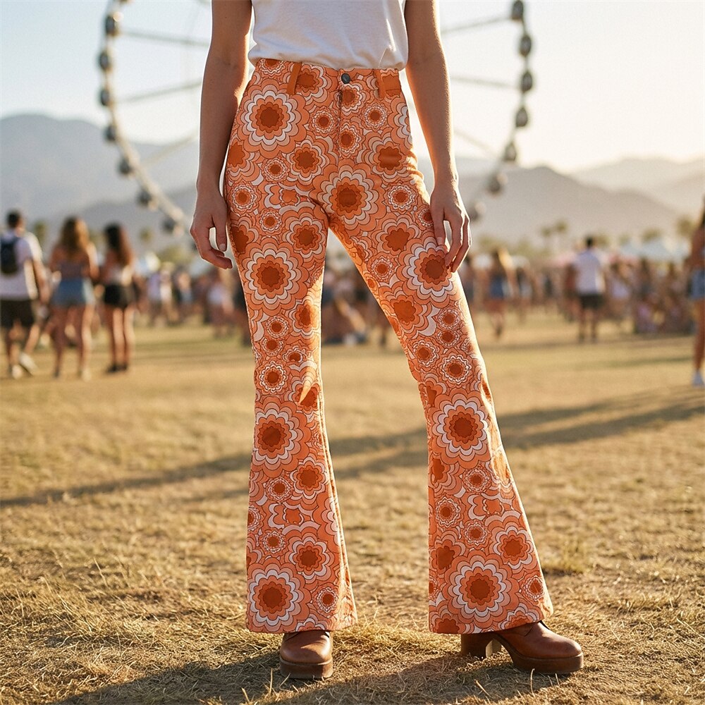 Retro 70s Geometric Floral High Waist Wide Flared Trousers