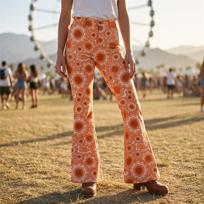 Retro 70s Geometric Floral High Waist Wide Flared Trousers