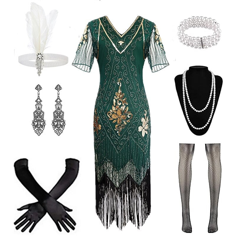 Art Deco Beaded Fringe Flapper Dress with Accessories Set