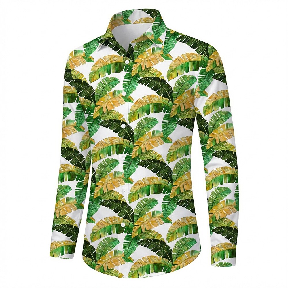 Retro 70S Tropical Banana Leaf Pattern Long Sleeves Collar Shirt