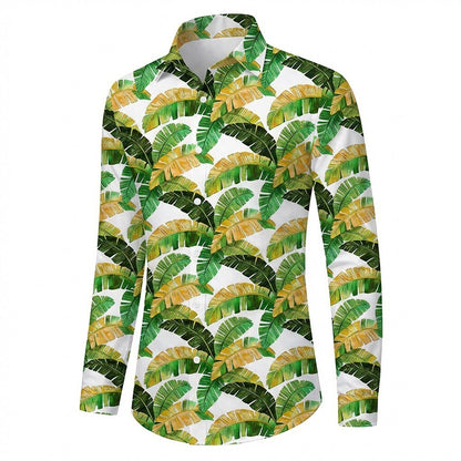 Retro 70S Tropical Banana Leaf Pattern Long Sleeves Collar Shirt
