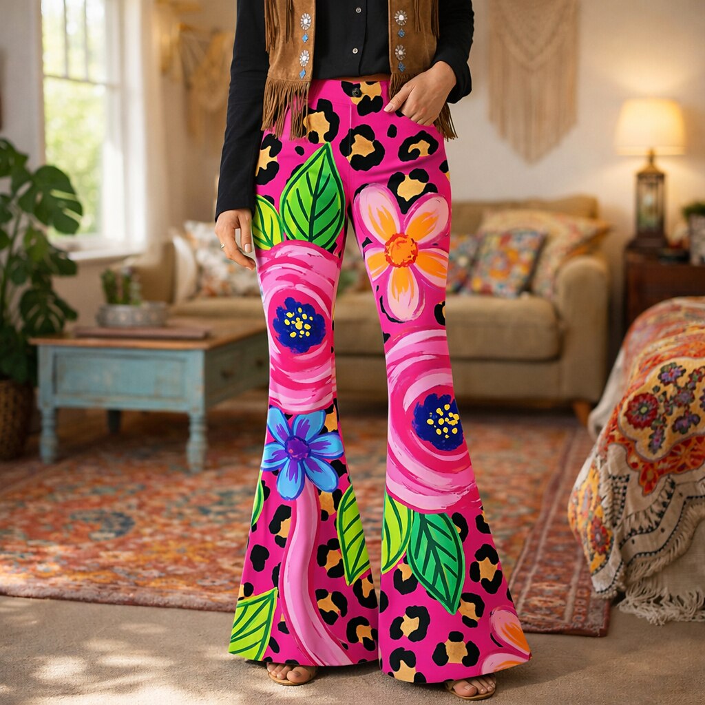 Retro 70s Floral Leopard Print High Waist Wide Flared Trousers in Pink