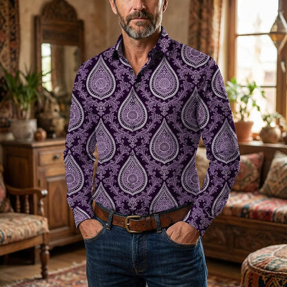 Retro 70S Vintage Purple Paisley Pattern Long Sleeves Collar Shirt