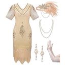 Women's Champagne 1920s Short Sleeve Flapper 5-Piece Set