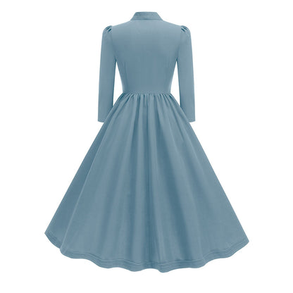 Women's 1950s Bow Tie Neck Long Sleeve A-Line Dress