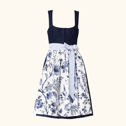 Oktoberfest Dirndlkleid mit blauem Blumenmuster und Schürze