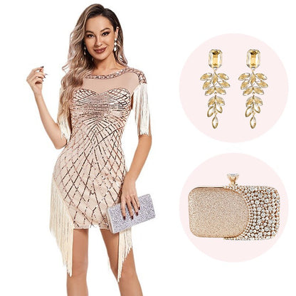 Geometric Art Deco Flapper Sequin Dress with Accessories Set