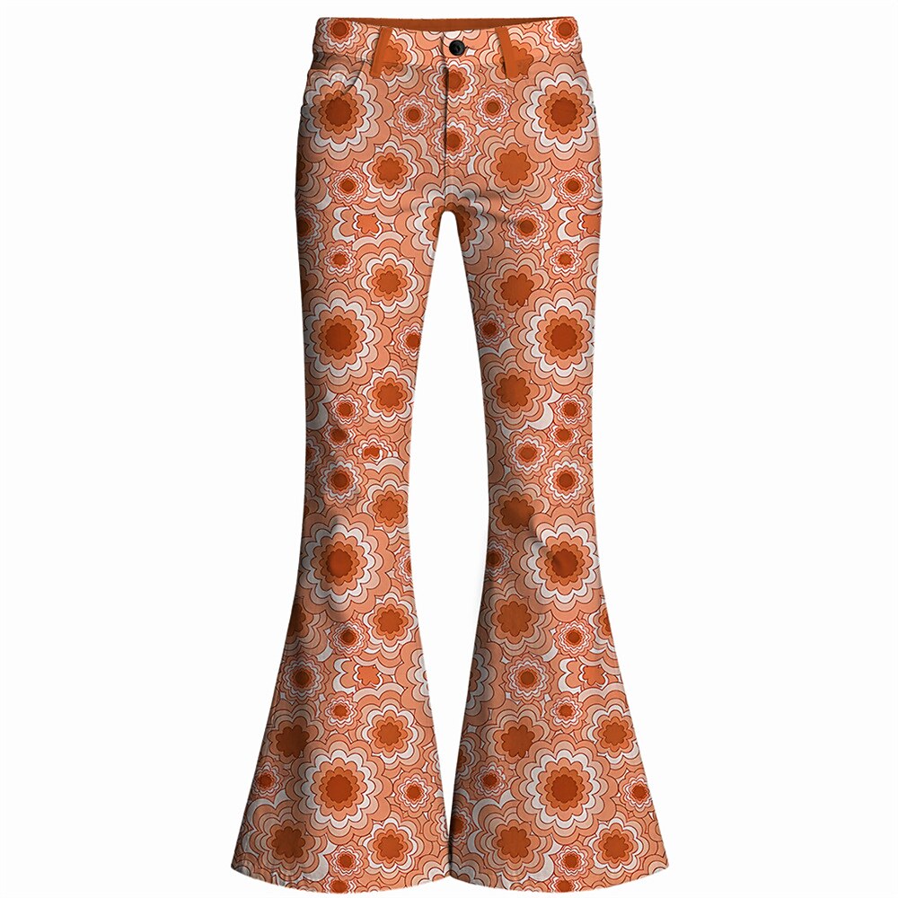 Retro 70s Geometric Floral High Waist Wide Flared Trousers