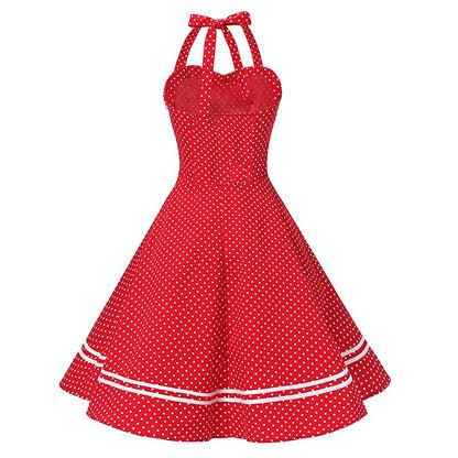 Women's 1950s Red Polka Dot Halter Neck Flare A-Line Dress