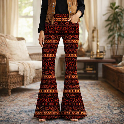 Retro 70s Boho Paisley Geometric High Waist Wide Flared Trousers