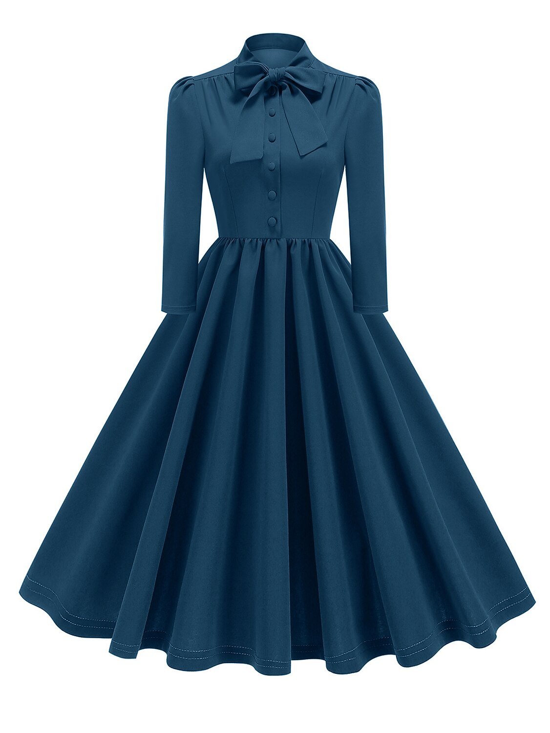 Women's 1950s Bow Tie Neck Long Sleeve A-Line Dress