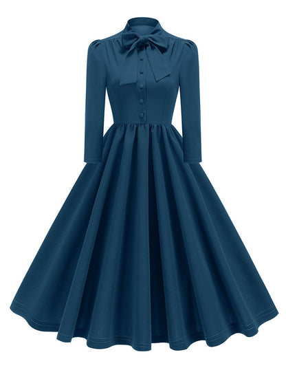 Women's 1950s Bow Tie Neck Long Sleeve A-Line Dress