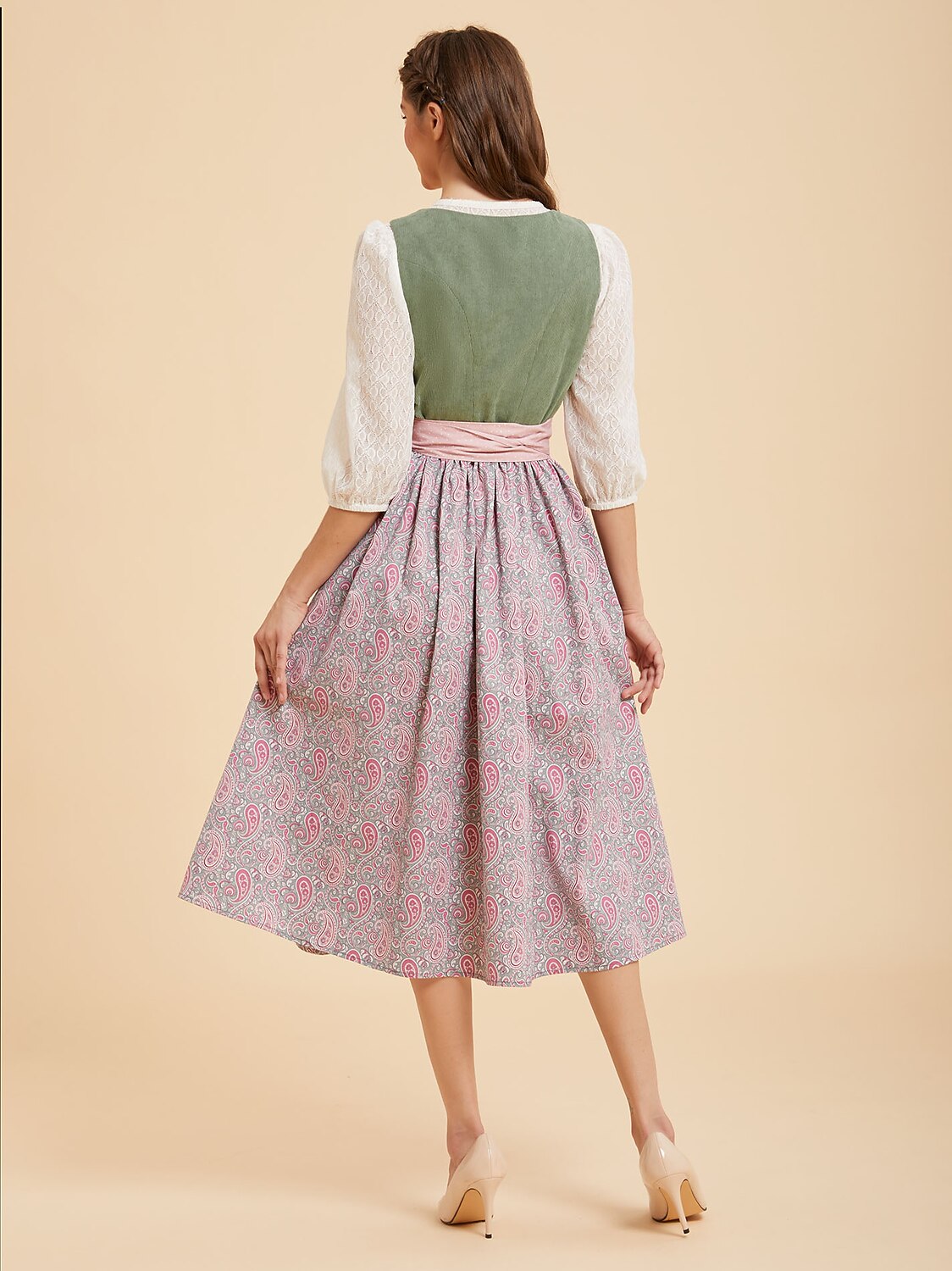 Women’s Oktoberfest Sage Green Midi Dirndl Dress with Dusty Rose Apron