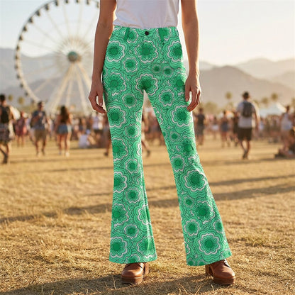Retro 70s Geometric Floral High Waist Wide Flared Trousers