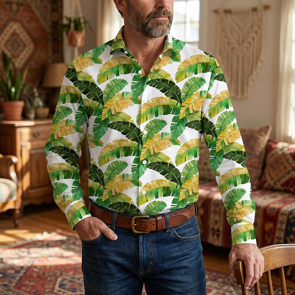 Retro 70S Tropical Banana Leaf Pattern Long Sleeves Collar Shirt