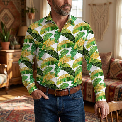 Retro 70S Tropical Banana Leaf Pattern Long Sleeves Collar Shirt
