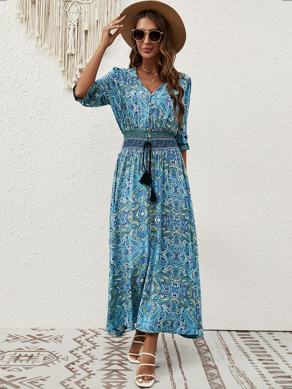 Retro 70s Bohemian Paisley V-neck Smocked Waist Midi Dress