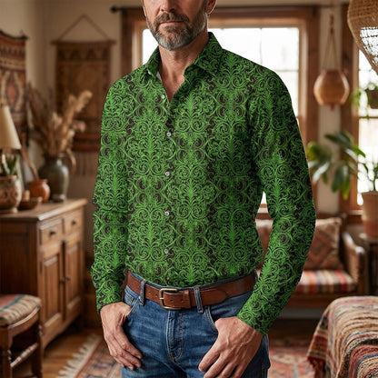 Retro 70S Vintage Ornate Baroque Pattern Long Sleeves Collar Shirt