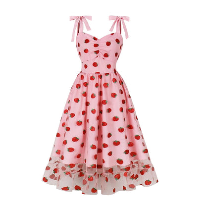 Women's 1950s Pink Strawberry Print Tie Strap Sweetheart Neck A-Line Dress
