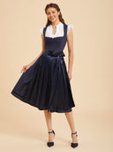 Navy Blue Midi Dirndl Dress with Satin Apron & Pockets
