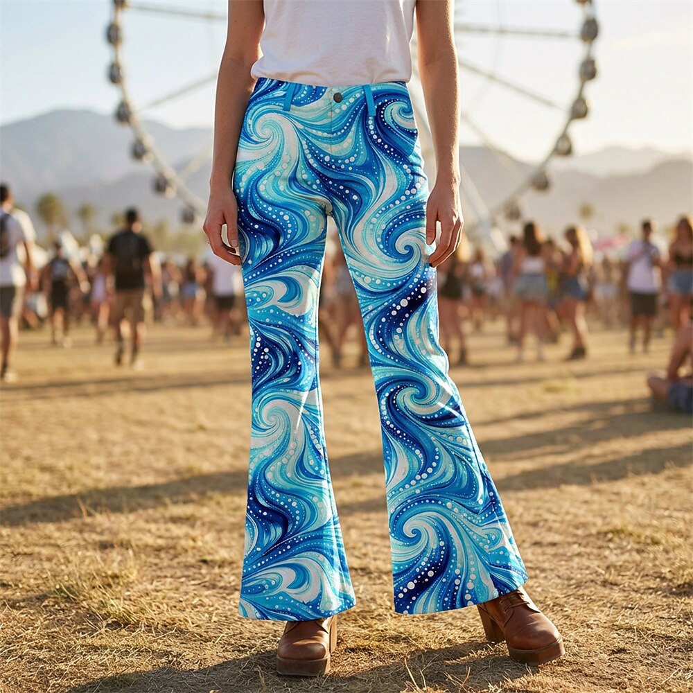 Retro 70s Swirling Waves High Waist Wide Flared Trousers