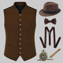 Set da uomo composto da gilet Gatsby marrone anni '20 e fedora, 6 pezzi
