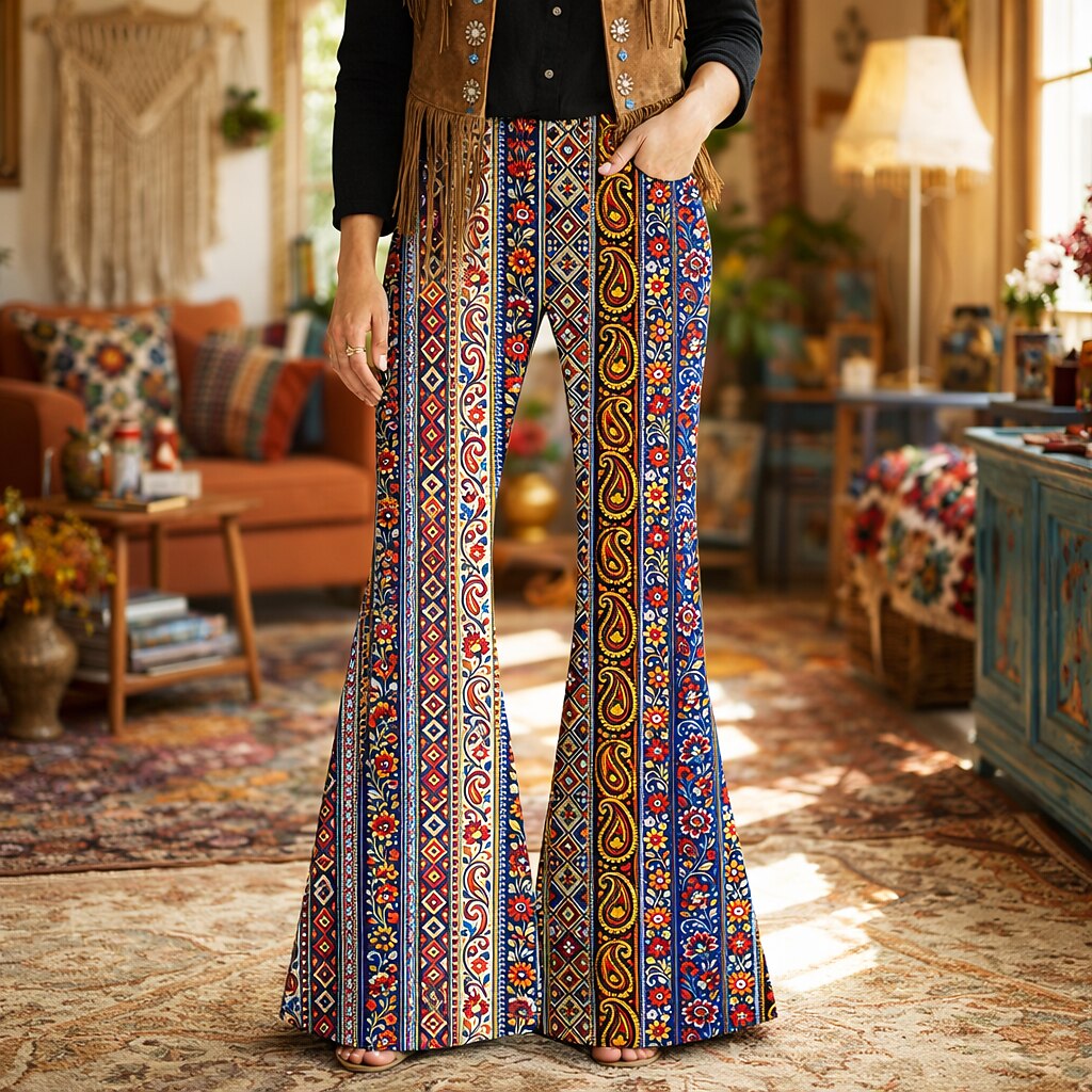 Retro 70s Boho Paisley Stripe High Waist Wide Flared Trousers