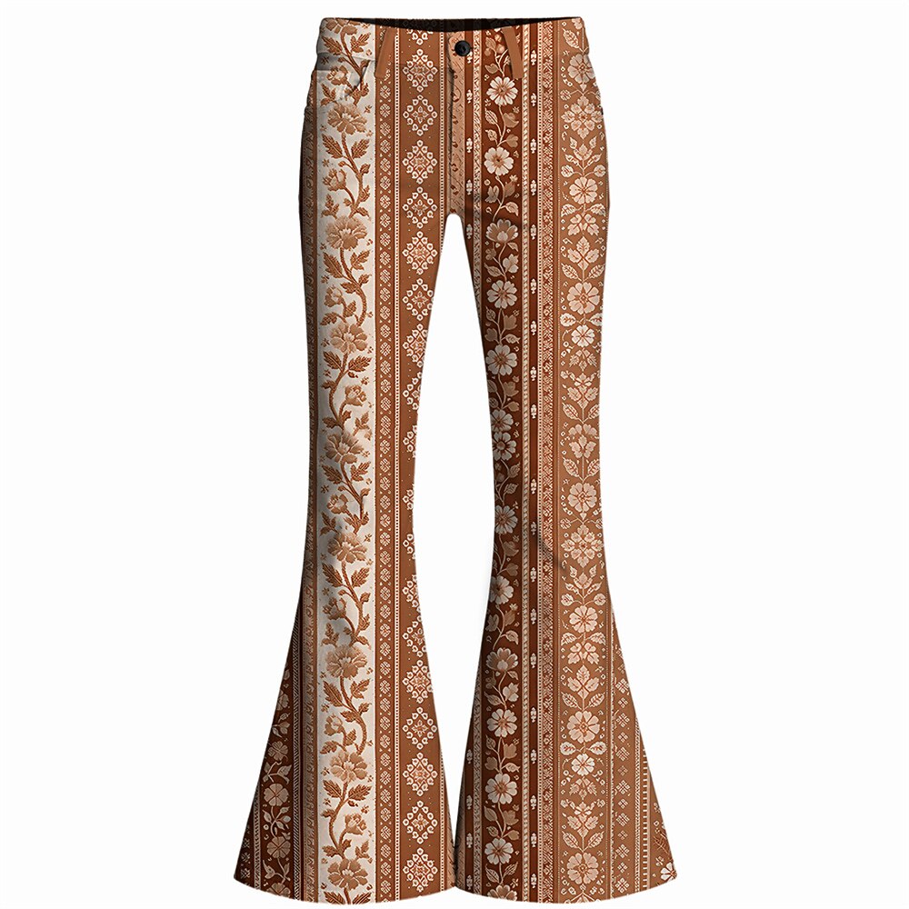 Retro 70s Ethnic Floral Striped High Waist Wide Flared Trousers