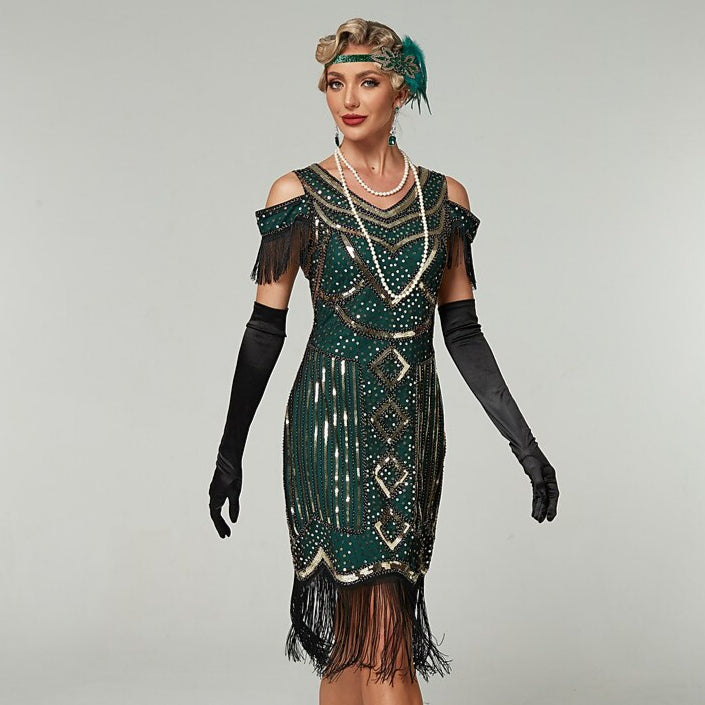Green Sequin Art Deco Flapper Dress