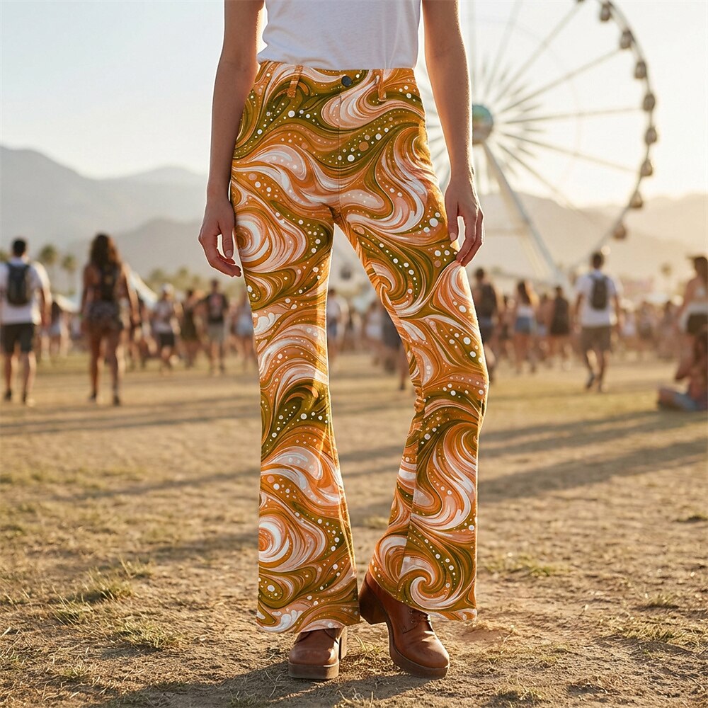 Retro 70s Swirling Waves High Waist Wide Flared Trousers