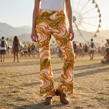 Retro 70s Swirling Waves High Waist Wide Flared Trousers