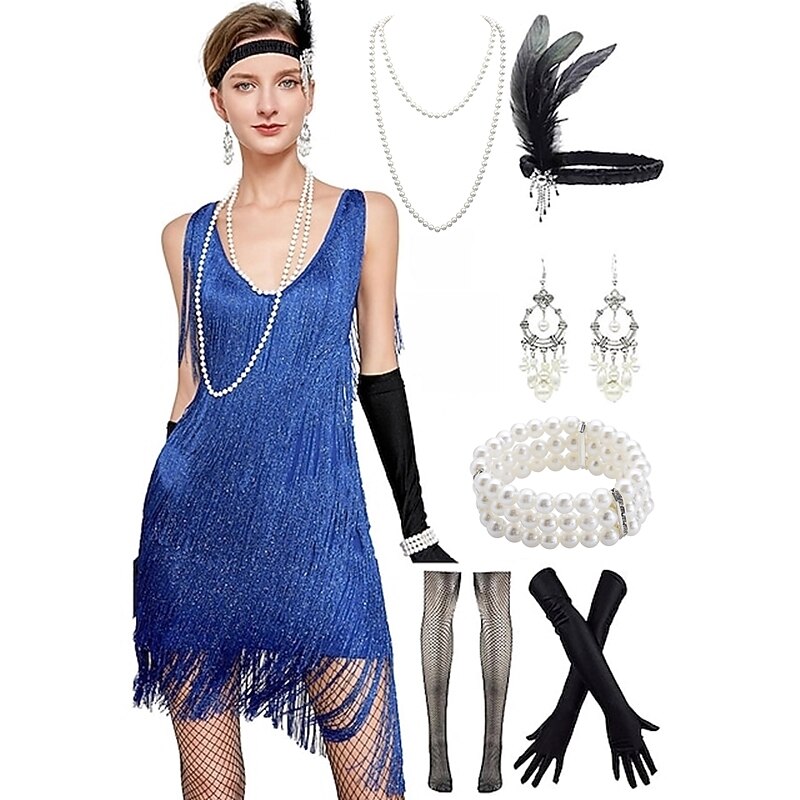 Sequin Fringe Charleston Dress with Accessories Set