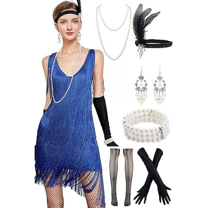 Sequin Fringe Charleston Dress with Accessories Set