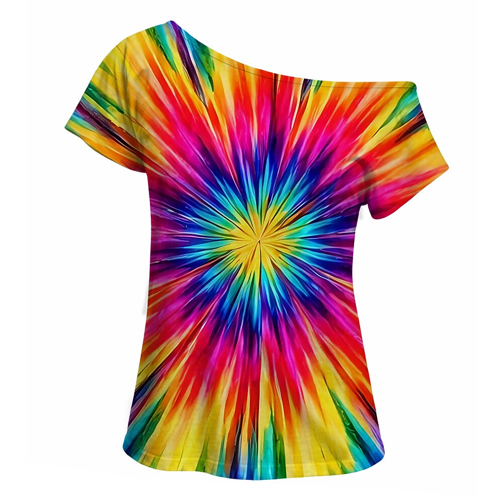Retro 70s Starburst Tie-Dye One Shoulder Short Sleeves T-shirt