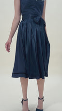 Navy Blue Midi Dirndl Dress with Satin Apron & Pockets