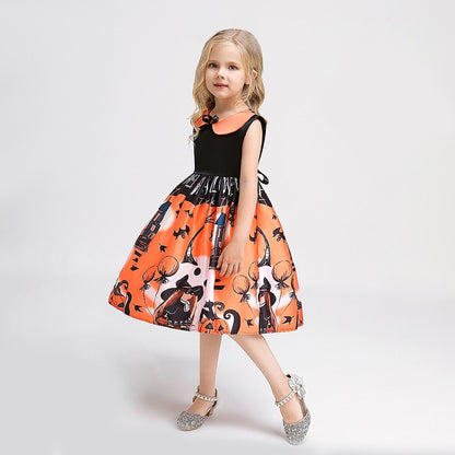 Girls Halloween Pumpkin Print Dress